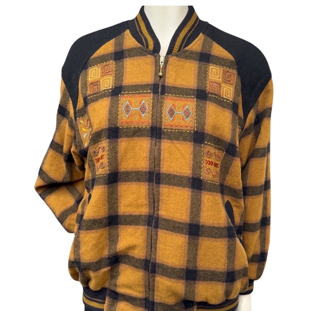 Aimilan Plaid Bomber Jacket Embroidered Southwestern Boho Vintage 90s Mustard L